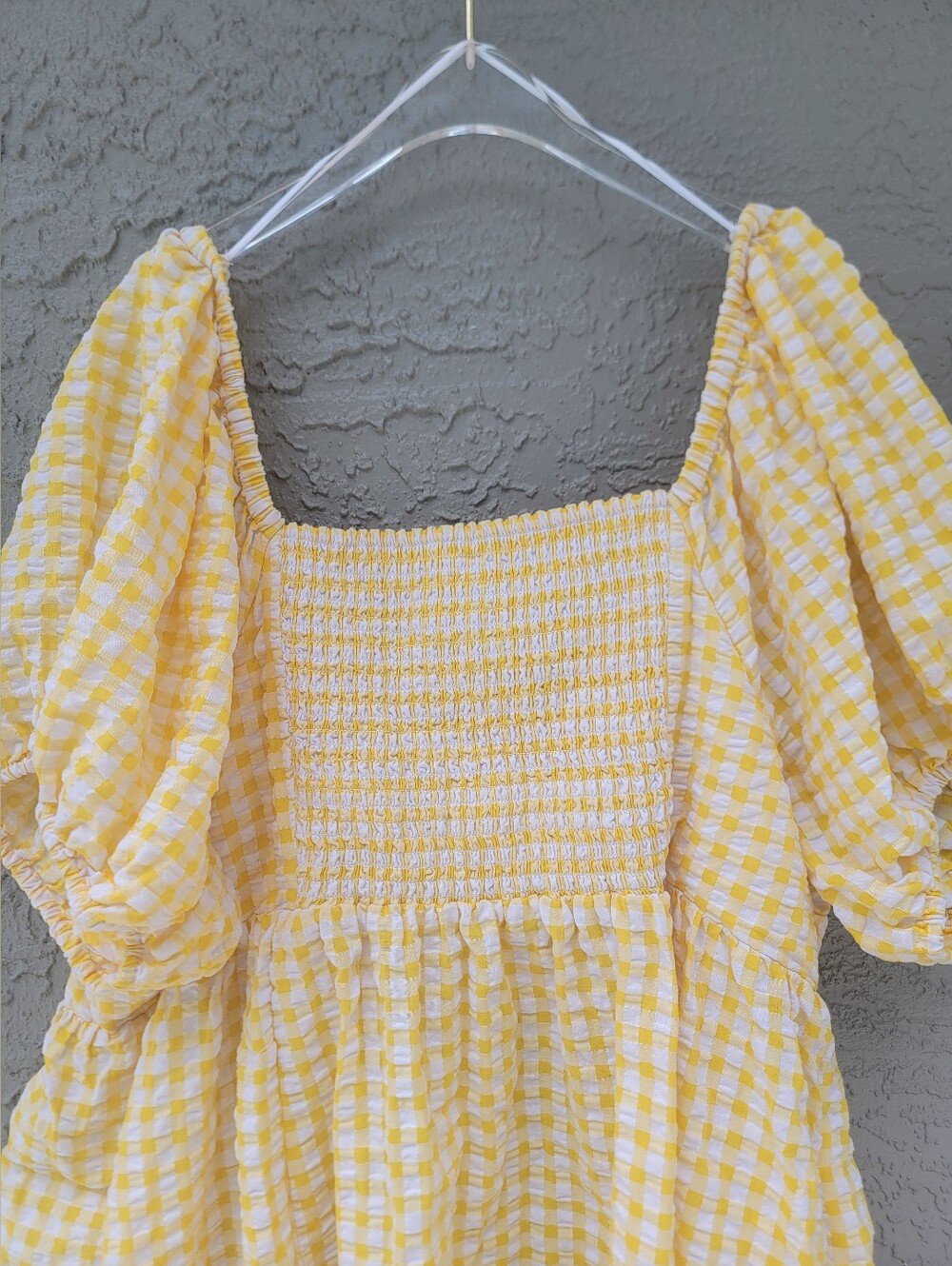 Old Navy Yellow Gingham Puff-Sleeve pickets Mini Dress summer seesucker - Picture 8 of 12